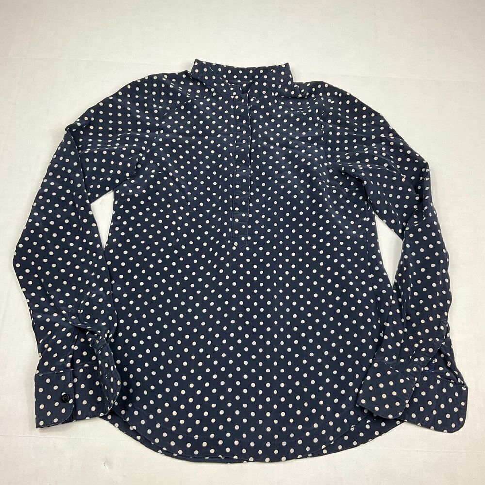 Rachel Mara Womens Silk Blouse Polka Dot Button Mandarin Collar Popover Shirt XS